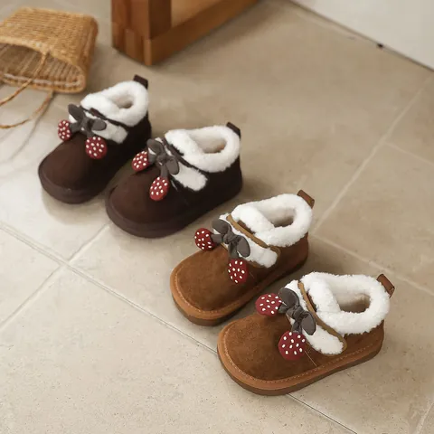 French Style Girls Snow Boots 2026 Winter New Korean Thick Sole Cherry Bow Faux Fur Suede Lining Warm Kids Shoes