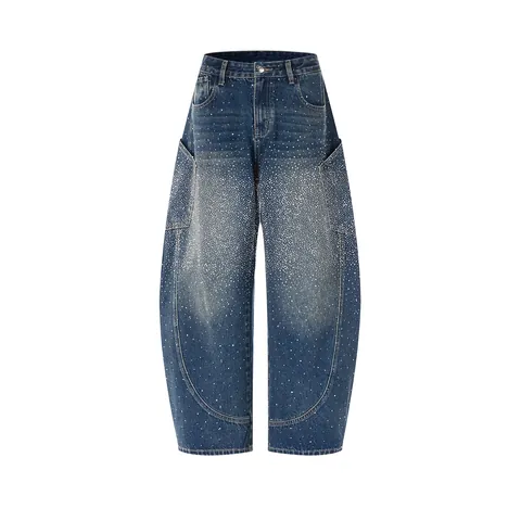 American Retro Blue Jeans For Men Women Hot-Fix Rhinestone Starry Sky Loose Wide Leg Banana Pants Large Pocket Denim Trousers