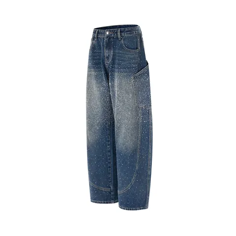 American Retro Blue Jeans For Men Women Hot-Fix Rhinestone Starry Sky Loose Wide Leg Banana Pants Large Pocket Denim Trousers