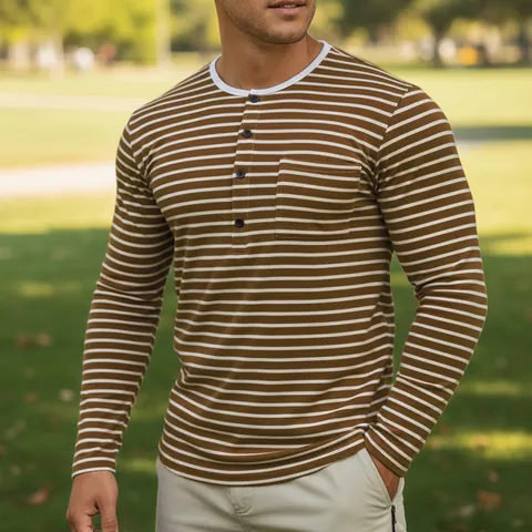 Men's Casual Long Sleeve Striped Henley Shirt Polyester Breathable T-Shirt With Chest Pocket Fashion Classic Striped Top