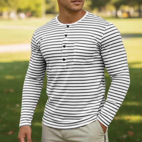Men's Casual Long Sleeve Striped Henley Shirt Polyester Breathable T-Shirt With Chest Pocket Fashion Classic Striped Top