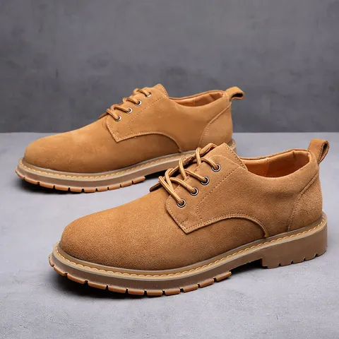 Chaussures Décontractées en Cuir Suédé Style Britannique pour Hommes Rétro Bout Rond Lacets Semelle en Tendon Antidérapante