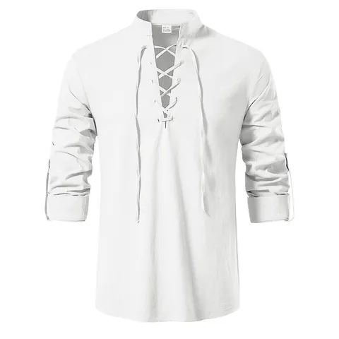 Chemise de Pirate Médiévale de la Renaissance pour Hommes en Lin Coton à Lacets Col en V Manches Longues Rétro Décontracté Costume de Viking