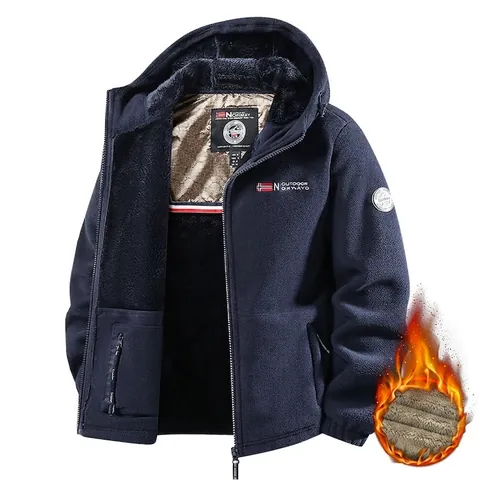 Men Winter Outdoor Polar Fleece Hooded Jacket Full Zip Thickened Warm Fleece Lined Sweatshirt Norway Flag Patch Top