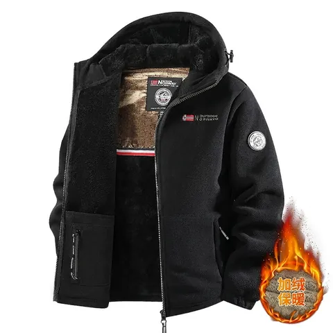 Men Winter Outdoor Polar Fleece Hooded Jacket Full Zip Thickened Warm Fleece Lined Sweatshirt Norway Flag Patch Top
