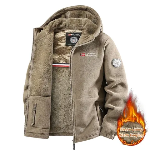 Men Winter Outdoor Polar Fleece Hooded Jacket Full Zip Thickened Warm Fleece Lined Sweatshirt Norway Flag Patch Top
