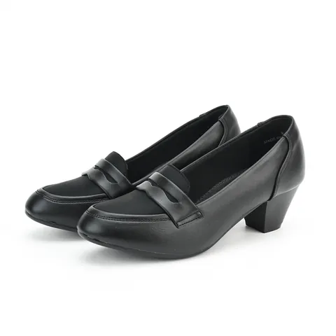 Women Round Toe Chunky High Heel Shoes Professional Office Work Pumps Loafer Style Solid Color PU Leather Footwear