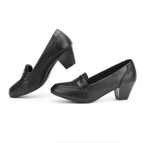 Women Round Toe Chunky High Heel Shoes Professional Office Work Pumps Loafer Style Solid Color PU Leather Footwear