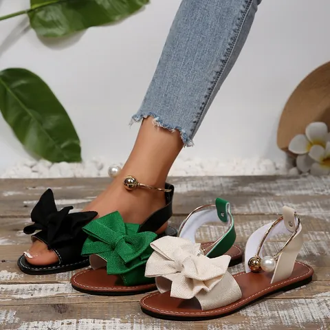 Sandales Plates pour Femmes avec Grand Nœud et Perle Artificielle Bride à la Cheville Sandales de Plage Décontractées