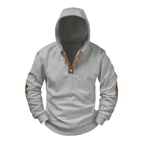Men Fashion Jacquard Knit Hoodie American Casual Loose Pullover Top With Button Neckline Retro Elbow Patches Sweatshirt Spring