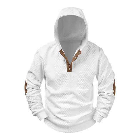 Men Fashion Jacquard Knit Hoodie American Casual Loose Pullover Top With Button Neckline Retro Elbow Patches Sweatshirt Spring