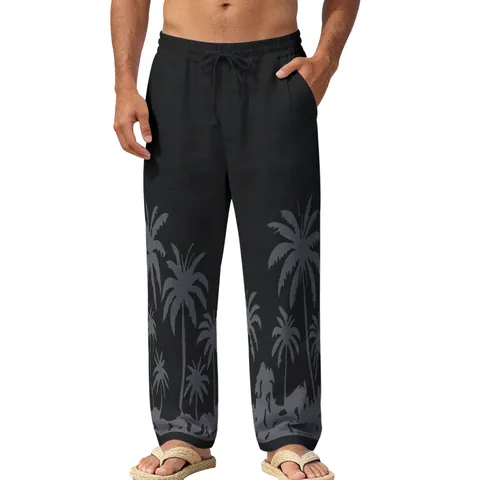 Men Casual Hawaiian Beach Pants Linen Blend Tropical Palm Tree Print Straight Leg Trousers Drawstring Elastic Waist Vacation Summer