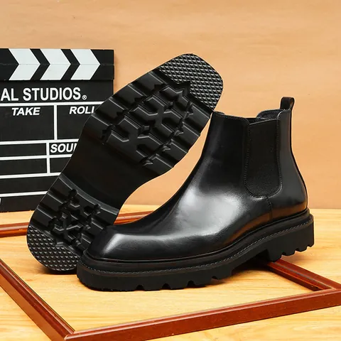 Men Genuine Leather Chelsea Boots Polished Top Grain Cowhide British Style Chunky Sole Height Increasing Business Ankle Boots