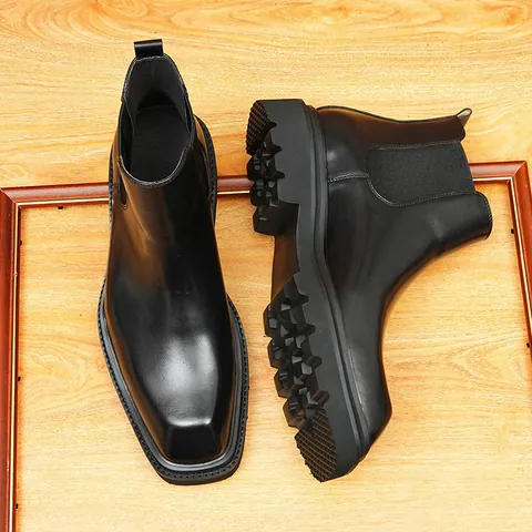 Men Genuine Leather Chelsea Boots Polished Top Grain Cowhide British Style Chunky Sole Height Increasing Business Ankle Boots