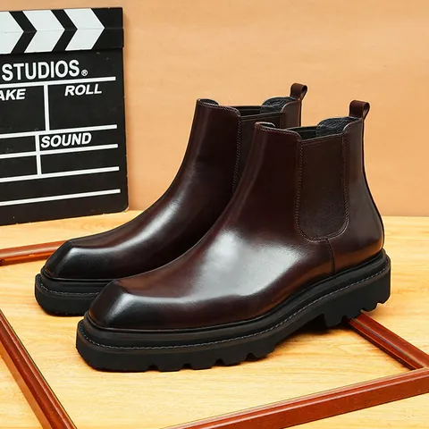 Stivali Chelsea da Uomo in Vera Pelle Punta Quadrata Platform Rialzo Altezza Stile Britannico Business Stivaletti