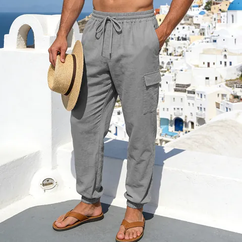 Men Linen Cargo Pants Casual Multi Pocket Drawstring Waist Jogger Breathable Outdoor Vacation Solid Color Fashionable Trousers