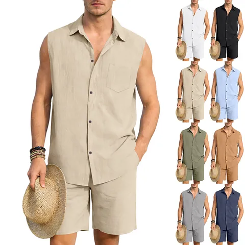Herren Leinen Ärmelloses Hemd Und Shorts Top Und Bottom Sommer Strand Lässig Atmungsaktiv Leicht Mode Outdoor Kleidung