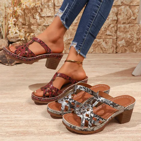 Women Platform Roman Sandals Block High Heel Open Toe Snake Print Gladiator Shoes Summer Vintage Color Block Sandals