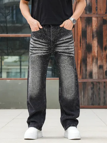 Men Heavy Wash Rhinestone Jeans Hip Hop Streetwear Loose Straight Bottom Wash Grey Cotton Blend Thick Denim Long Pants