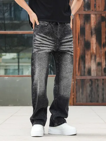Men Heavy Wash Rhinestone Jeans Hip Hop Streetwear Loose Straight Bottom Wash Grey Cotton Blend Thick Denim Long Pants