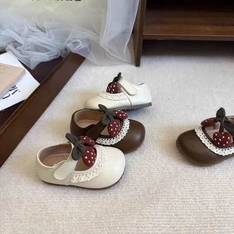 Chaussures Mary Jane Princesse pour Filles Bordure en Dentelle Nœud Fraise Semelle Souple Cuir Microfibre