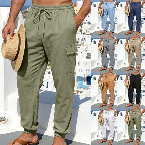 Men Linen Cargo Pants Casual Multi Pocket Drawstring Waist Jogger Breathable Outdoor Vacation Solid Color Fashionable Trousers
