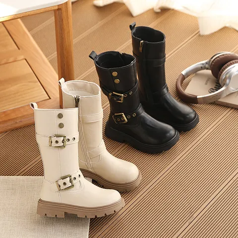 Girls British Style Mid-calf Boots Retro Synthetic Leather Thick Sole Buckle Winter Warm Non-slip Kids Fashion Boots