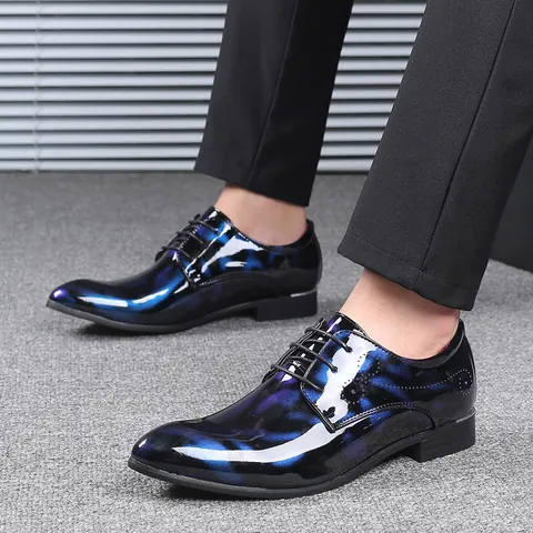 Men's British Style Business Dress Shoes Pointed Toe Patent Leather Lace-Up Formal Oxford Shoes For Wedding Banquet Party