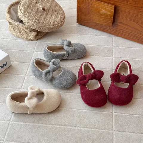 Girl's French Felt Birkenstock Style Princess Shoes Winter Warm Fleece Lined Bow-Knot Cotton Shoes Korean Style Kids Flat Shoes