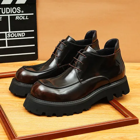 Men Top Grain Cowhide Martin Boots British Retro Hand-Burnished Shiny Leather Business Dress Boots Thick Sole Platform Shoes