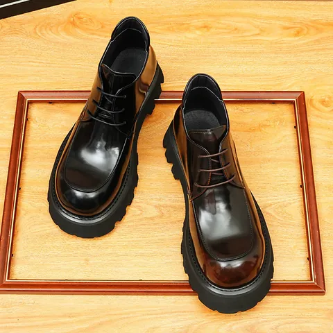 Men Top Grain Cowhide Martin Boots British Retro Hand-Burnished Shiny Leather Business Dress Boots Thick Sole Platform Shoes