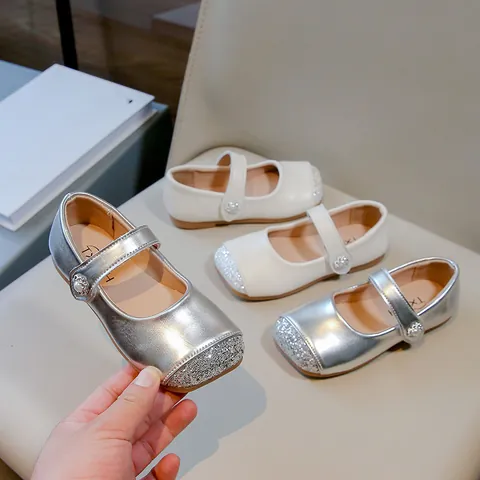 Girls Princess Mary Jane Shoes Glitter Square Toe Pearl Flower Decoration PU Leather Soft Flat Party Dress Shoes For Toddler Kids