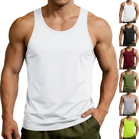 Men's Racerback Gym Tank Top Muscle Aesthetic Fitness Quick Dry Polyester Knitted Basic Sleeveless Sports Vest Summer Daily Top