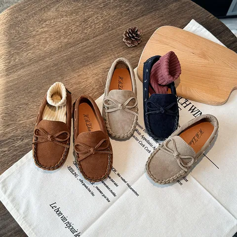 Mocassins pour Enfants de Style Britannique pour Filles Garçons Microfibre Nœud Sans Lacets Chaussures Décontractées Semelle Souple Printemps Automne