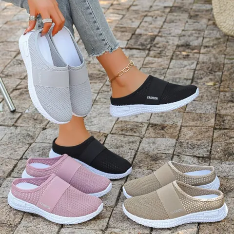 Damen Übergröße Flyknit Netz Sandalen Atmungsaktiv Weiche Sohle Slipper Mules Lässige Flache Slides Sommer Komfort Wanderschuhe