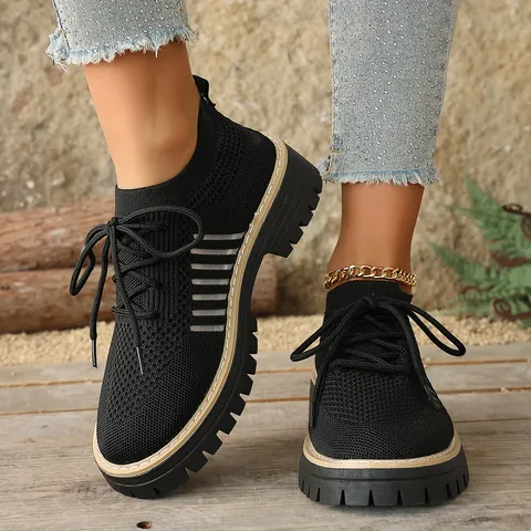 Women Flyknit Lace Up Platform Sneakers Breathable Comfortable Casual Shoes Lightweight Thick Sole Walking Shoes Spring Fashion