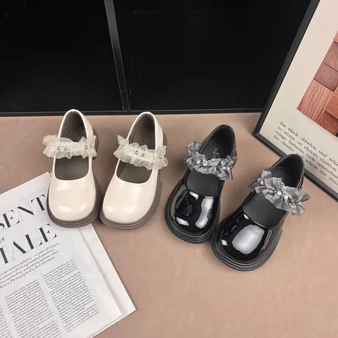 Girls Mary Jane Princess Shoes Patent Microfiber Leather Lace Pearl British Style Dress Shoes Performance Wedding Kids Single Shoes