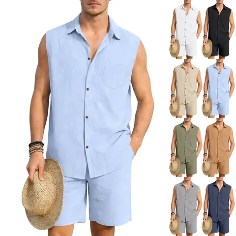 Men Linen Sleeveless Lapel Shirt Shorts Top And Bottom Casual Hawaiian Beach Suit Solid Color Breathable Summer Outfit