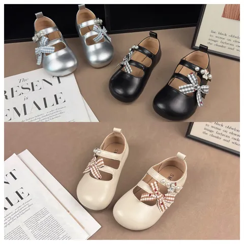 Girls Mary Jane Princess Shoes Microfiber Plaid Bow Artificial Pearl Rhinestone Flat Dress Shoes For Students School Wedding