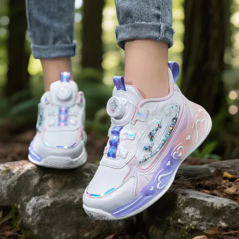 Girls Light-Up Sneakers Waterproof Microfiber Leather Rotary Buckle Running Shoes For Kids Toddler Non-Slip Heart Pattern Princess Style Pink Purple Black