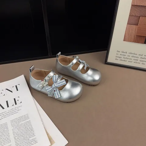Girls Mary Jane Princess Shoes Microfiber Plaid Bow Artificial Pearl Rhinestone Flat Dress Shoes For Students School Wedding