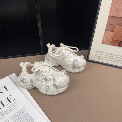 Baskets Fashion Dad pour Filles Nœud en Dentelle Perle Artificielle Respirantes Légères Chaussures de Course pour Enfants Printemps Nouvelles Chaussures de Sport