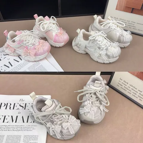 Baskets Fashion Dad pour Filles Nœud en Dentelle Perle Artificielle Respirantes Légères Chaussures de Course pour Enfants Printemps Nouvelles Chaussures de Sport
