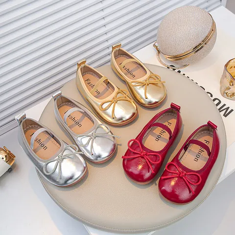 Kids Girls Bow Princess Dress Shoes Soft Sole Metallic PU Mary Janes Non-Slip Wedding Party Flat Shoes For Toddlers