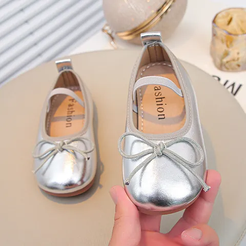 Kids Girls Bow Princess Dress Shoes Soft Sole Metallic PU Mary Janes Non-Slip Wedding Party Flat Shoes For Toddlers