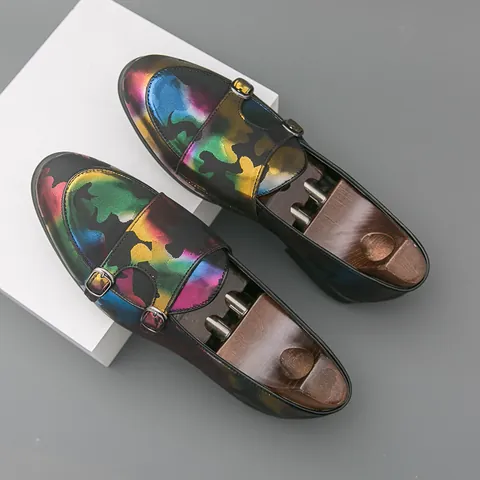 Men's Camouflage Double Monk Strap Leather Shoes Pointed Toe Formal Dress Shoes 2025 New Fashion Casual Breathable Soft Sole Loafers