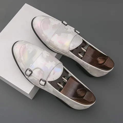 Men's Camouflage Double Monk Strap Leather Shoes Pointed Toe Formal Dress Shoes 2025 New Fashion Casual Breathable Soft Sole Loafers
