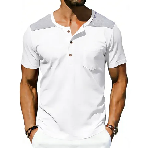 Men's American Vintage Henley Shirt Heavyweight Contrast Color Patchwork Short Sleeve T-Shirt Loose Breathable Pocket Top