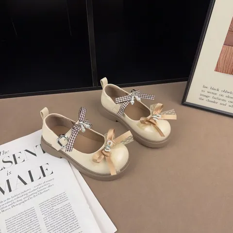 Girls Retro Princess Shoes Elegant Bowknot Rhinestone Pearl Mary Jane Flats Microfiber Non-slip Soft Sole Kids Party Dress Shoes