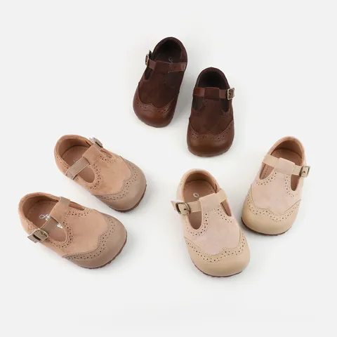 Baby Girl Mary Jane Pre-walker Shoes Microfiber Brogue Punching Non-slip Soft Sole Princess Flat Shoes For Toddler Spring